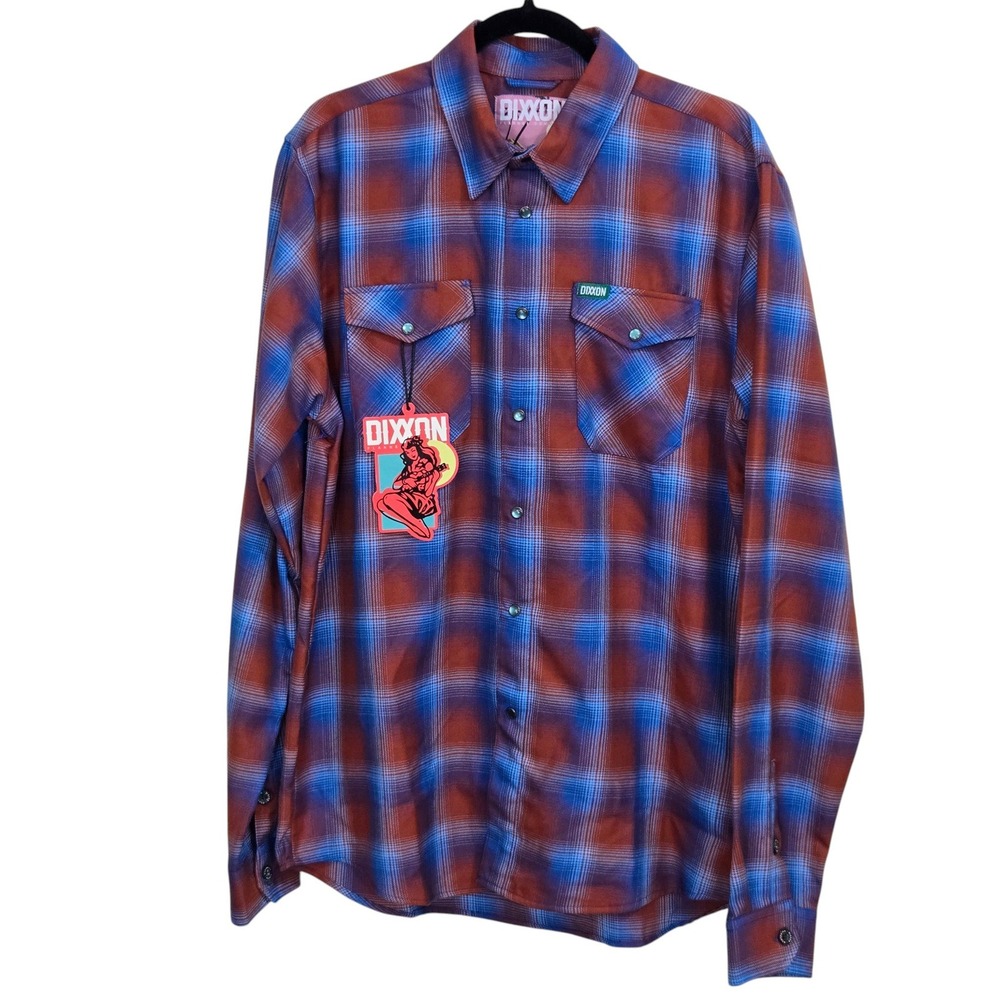 Dixxon Flannel Kaihalulu Bay Mens LT Blue Rust Plaid L/S Pearl Snap Shirt New